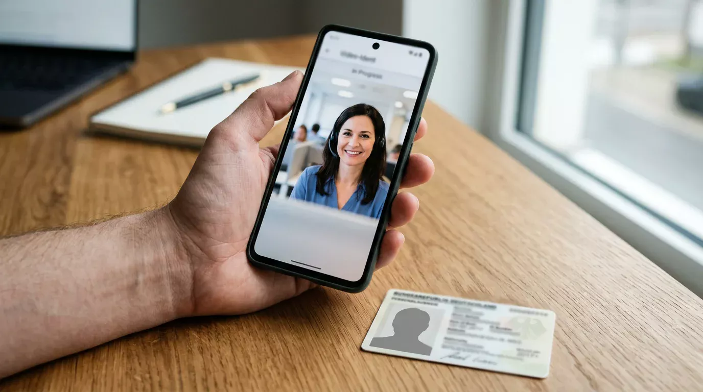 Smartphone mit Video-Ident-Prozess und im Hintergrund Personalausweis für Casino-KYC