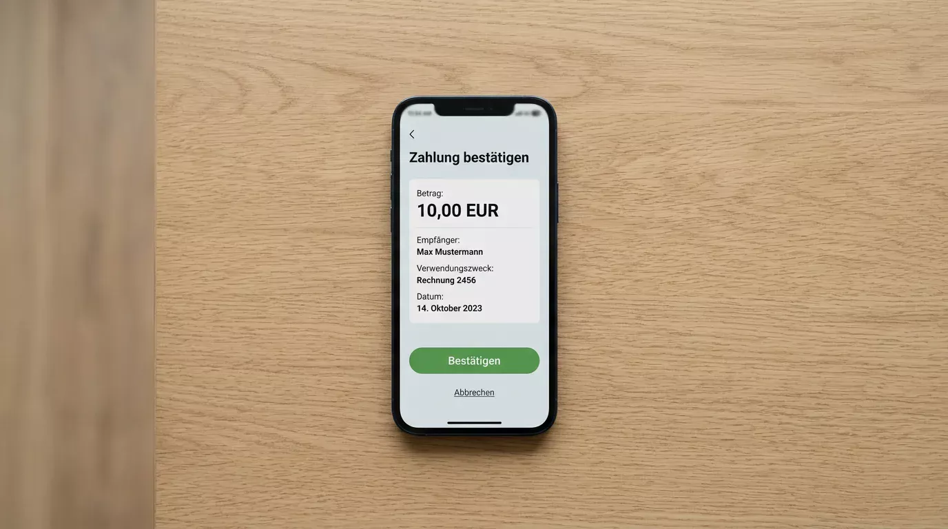 Smartphone auf einem Holztisch zeigt Bestätigung einer Zahlung über zehn Euro