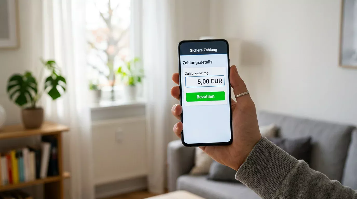 Hand hält Smartphone mit Online-Zahlungsformular über fünf Euro