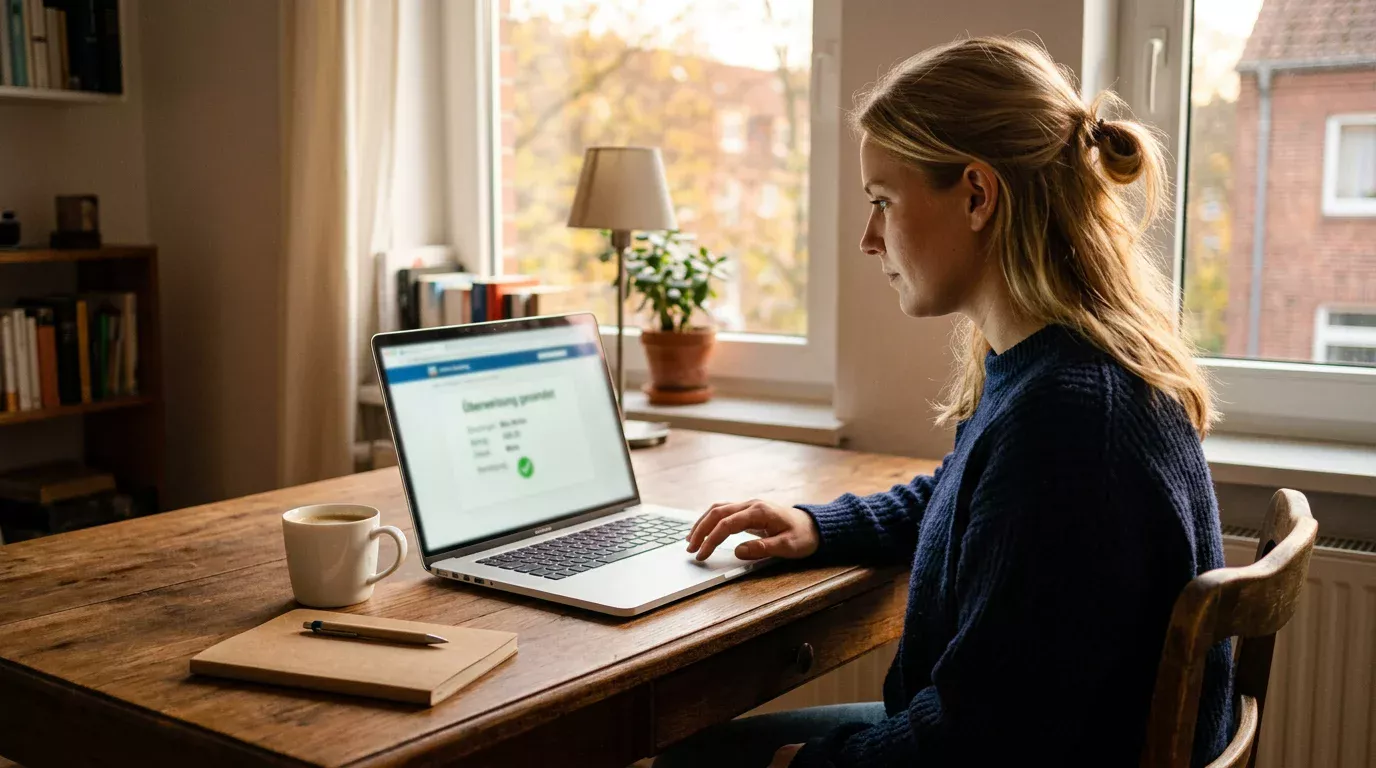 Laptop-Bildschirm mit gesendeter Online-Banking-Überweisung an einen Zahlungsempfänger