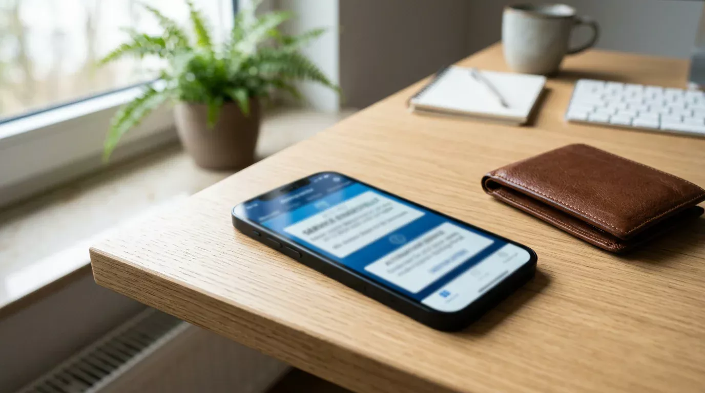 Schreibtisch mit Smartphone, das einen abgeschalteten Banking-Dienst und das Datum 31.12.2024 zeigt