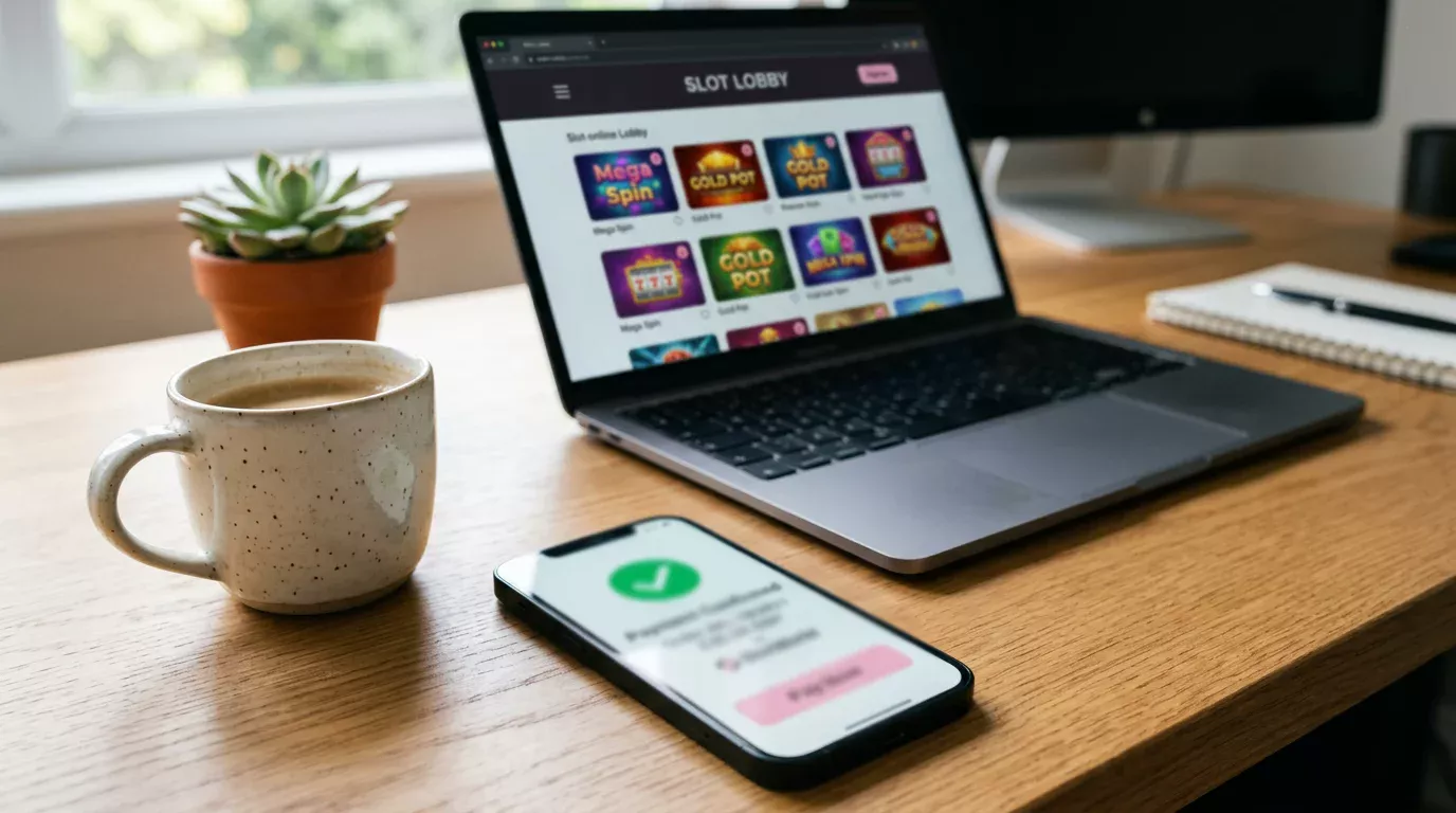 Laptop mit geöffneter Casino-Lobby und im Vordergrund Smartphone mit Klarna-Pay-Now-Bestätigung auf dem Bildschirm