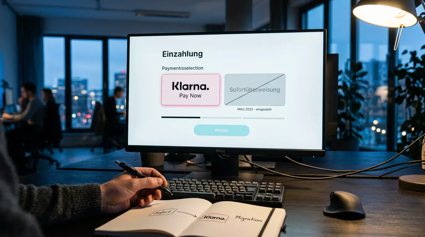 Bildschirm eines Kassenflusses im deutschen Online-Casino, in dem das Klarna-Pay-Now-Branding die alte Sofortüberweisung-Marke abgelöst hat