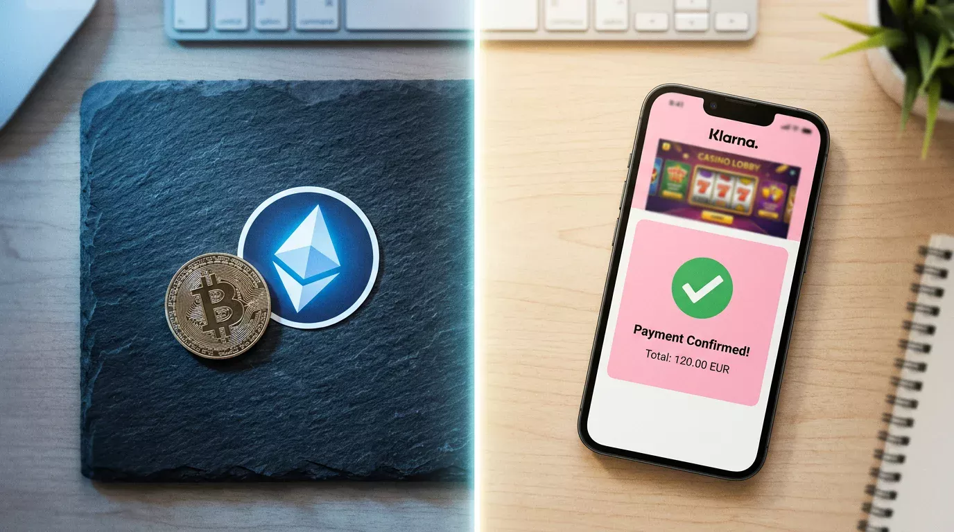 Symbole für Bitcoin und Ethereum neben Klarna-Logo mit Pfeilen in unterschiedliche regulatorische Zonen
