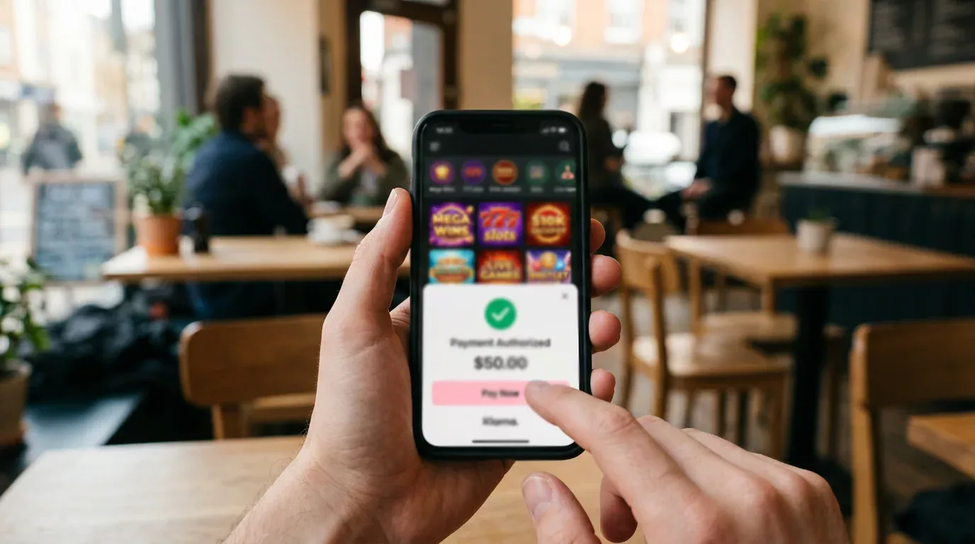Hand hält Smartphone mit Casino-App und parallel geöffneter Klarna-Bezahlmaske