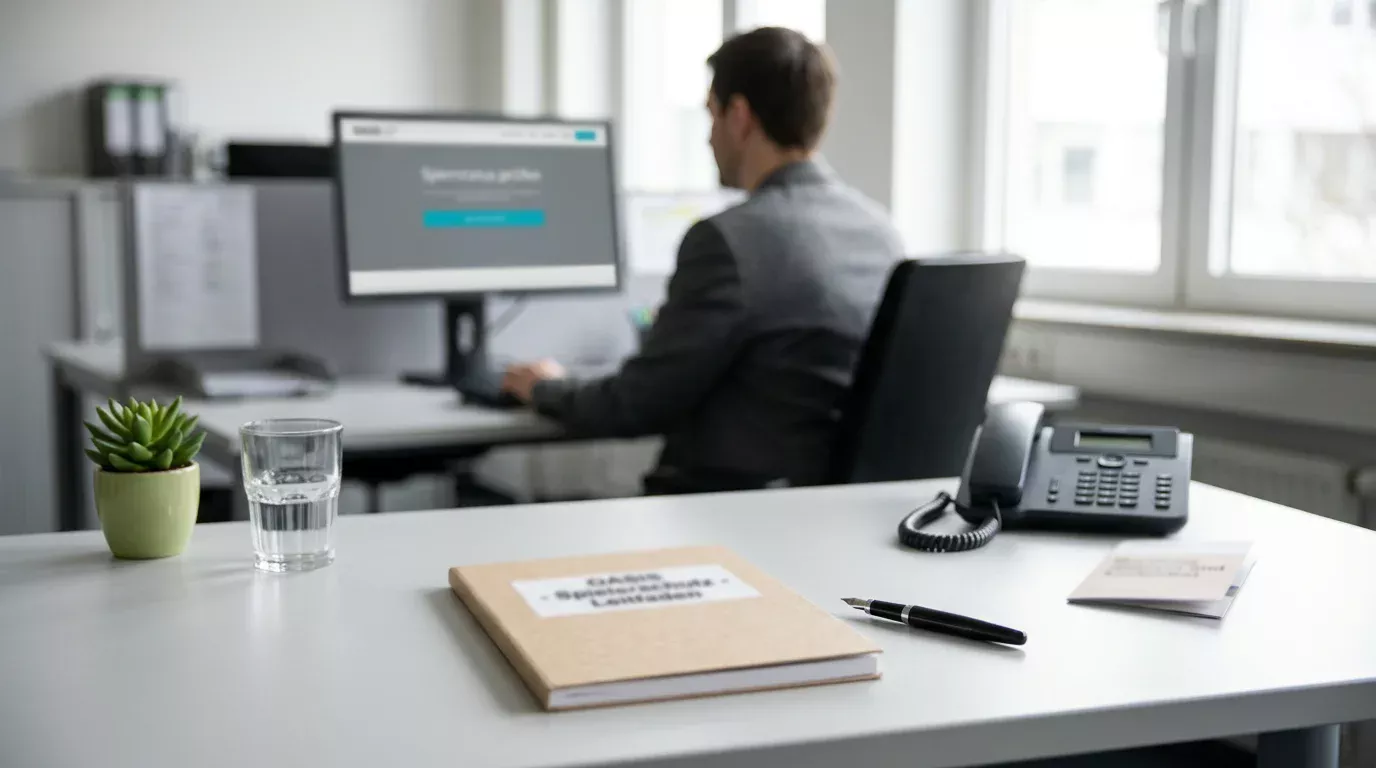 Arbeitsplatz einer Beratungsstelle mit Notizen zum OASIS-Sperrsystem und Telefonleitfaden für den Spielerschutz in Deutschland