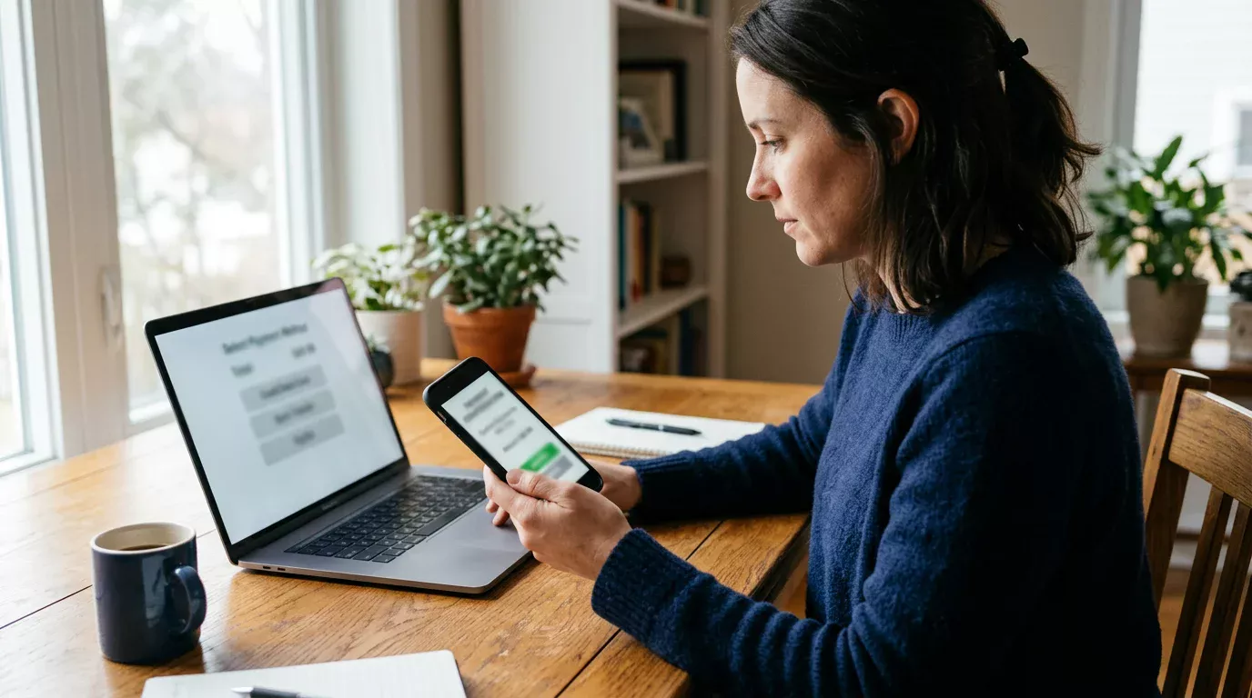 Person nutzt Smartphone und Laptop gleichzeitig für eine Bank-Zahlung