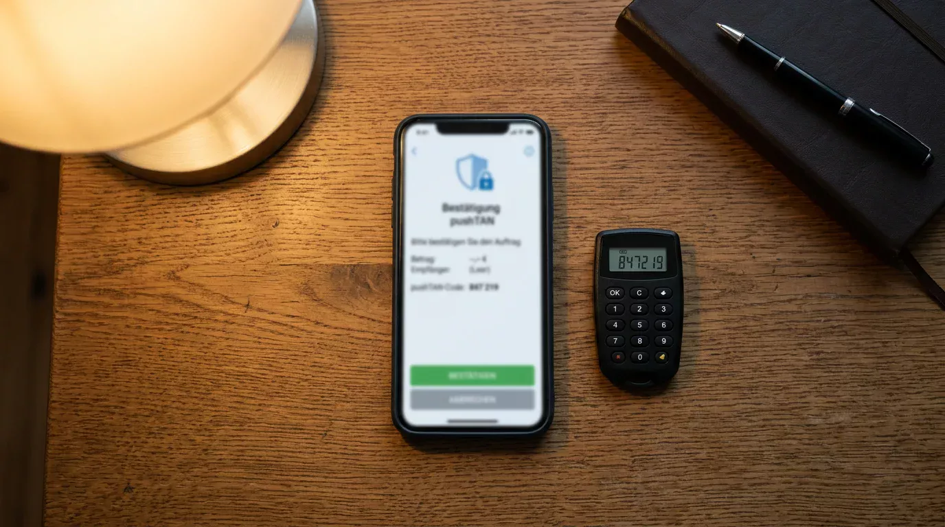 Smartphone mit pushTAN-Bestätigung und chipTAN-Generator nebeneinander für Casino-Einzahlung