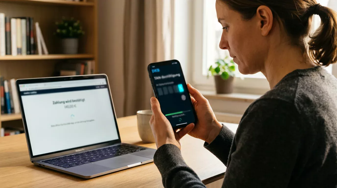 Spieler bestätigt eine Casino-Einzahlung per Klarna mit Zwei-Faktor-Authentifizierung in der Banking-App seiner deutschen Hausbank