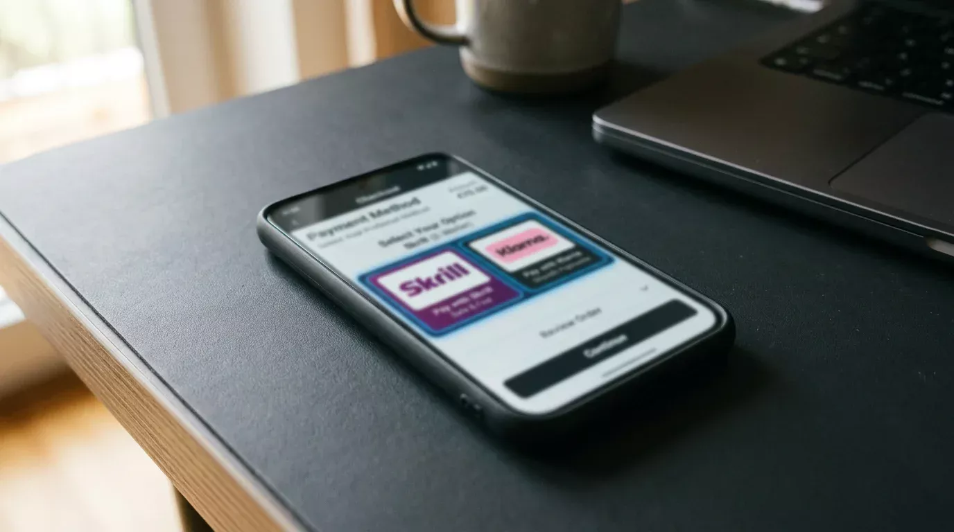 Vergleich der Logos von Skrill und Klarna mit Casino-Checkout-Maske im Hintergrund