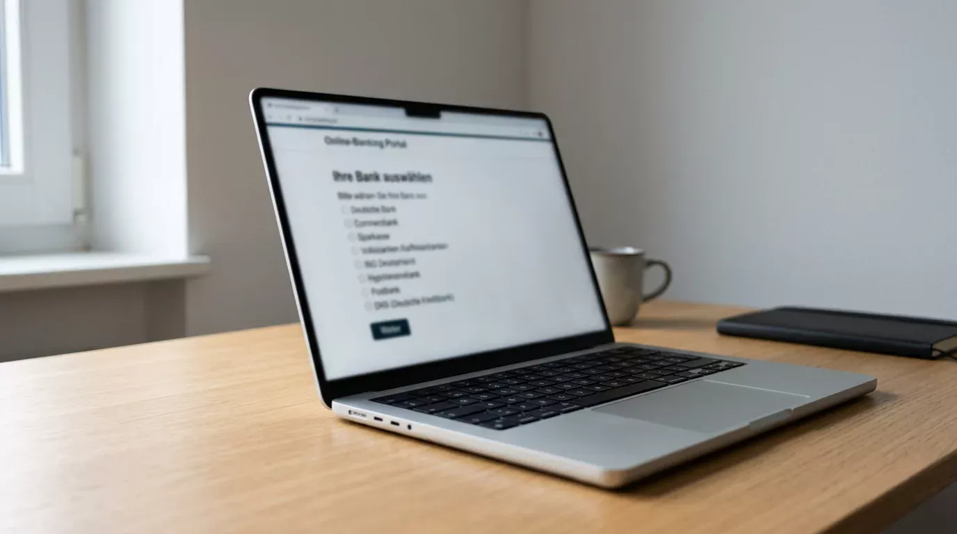 Laptop-Bildschirm mit Auswahlmenü deutscher Banken in einer Online-Zahlungsmaske