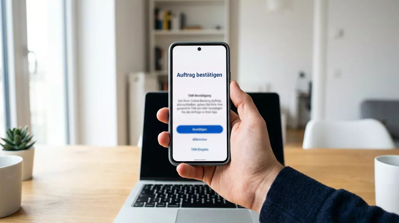 Smartphone in der Hand mit TAN-Bestätigungs-Dialog einer Online-Banking-App
