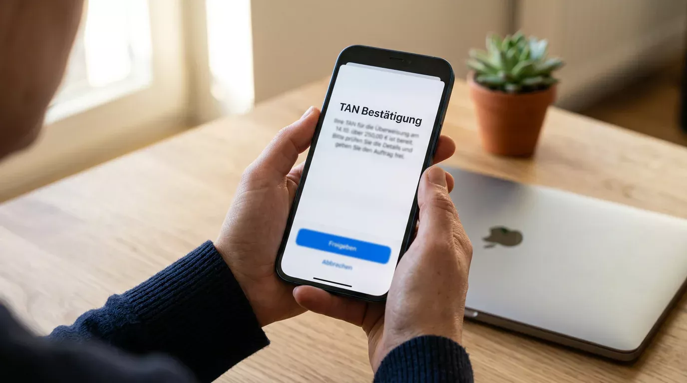 Smartphone mit Push-Benachrichtigung einer Banking-App zur Freigabe einer Zahlung