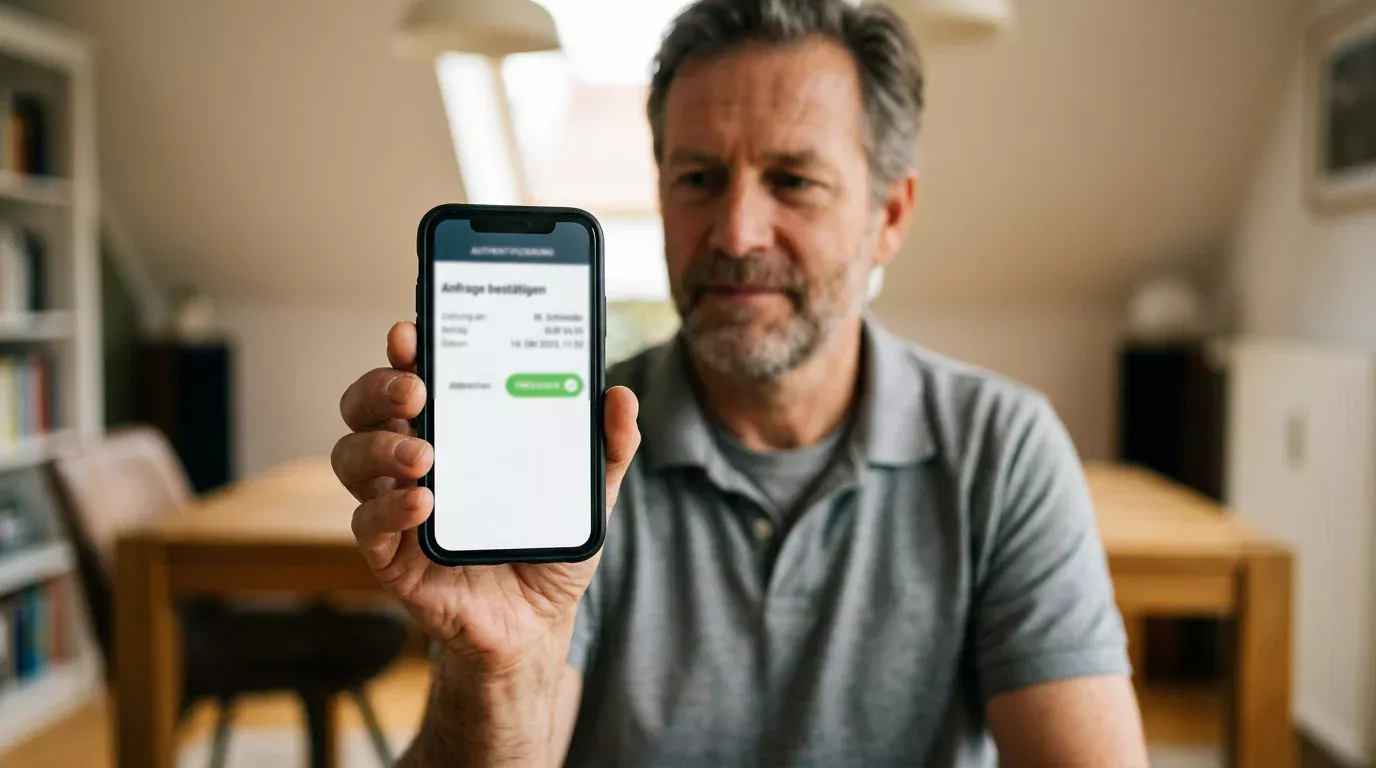 Smartphone mit Authentifizierungs-App und Bestätigungs-Dialog für eine Zahlung
