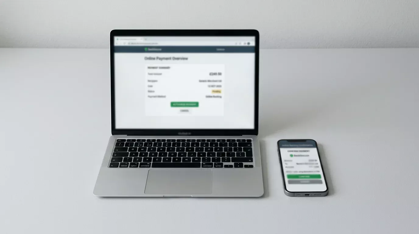 Smartphone und Laptop nebeneinander mit geöffneten Online-Banking-Oberflächen